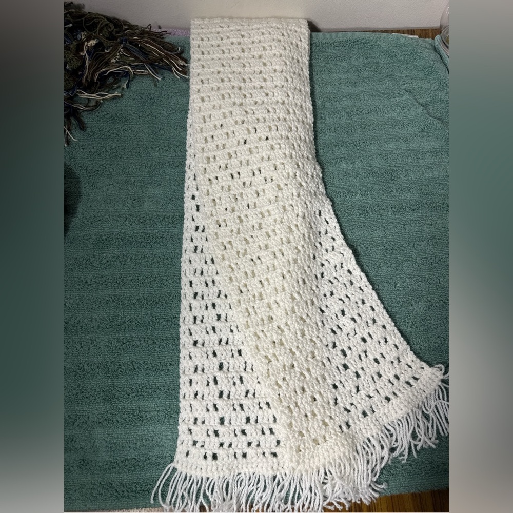 Crochet White Scarf with Fringe